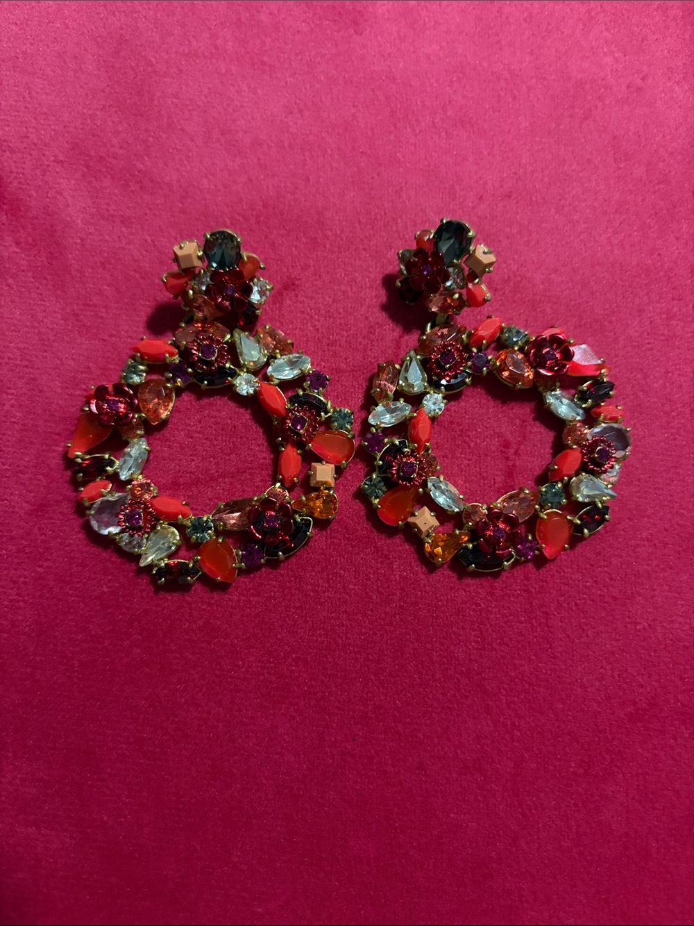 J. Crew Multicolor Crystal Hoop Earrings with Pink and Red Accents